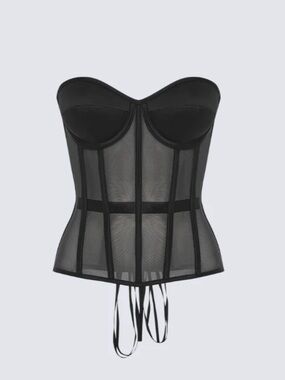 PERFECT CORSET Black Mesh & Satin Lace-Up Bustier Top Size S